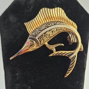 Vntg Damascene Gold Marlin Fish Spain Brooch EUC 1.75"x1.75"